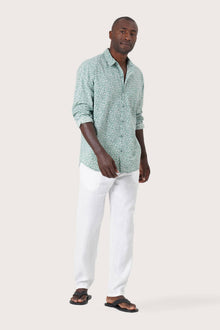 Side profile of the Panta Cotton Shirt Summer Flora Spring Bliss Green highlighting its easy, breathable fit by By The Sea Bali