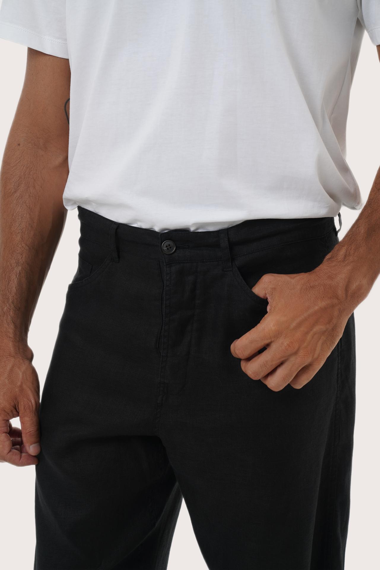 Close-up detail of the Parha Linen Pant in Black featuring slash pocket and button front