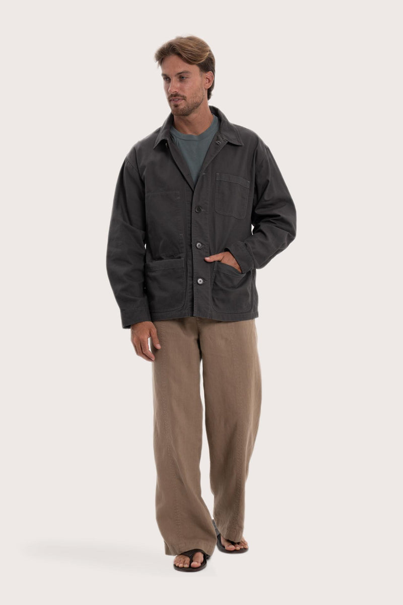 Model wearing the dark brown cotton Parth jacket by By The Sea Bali