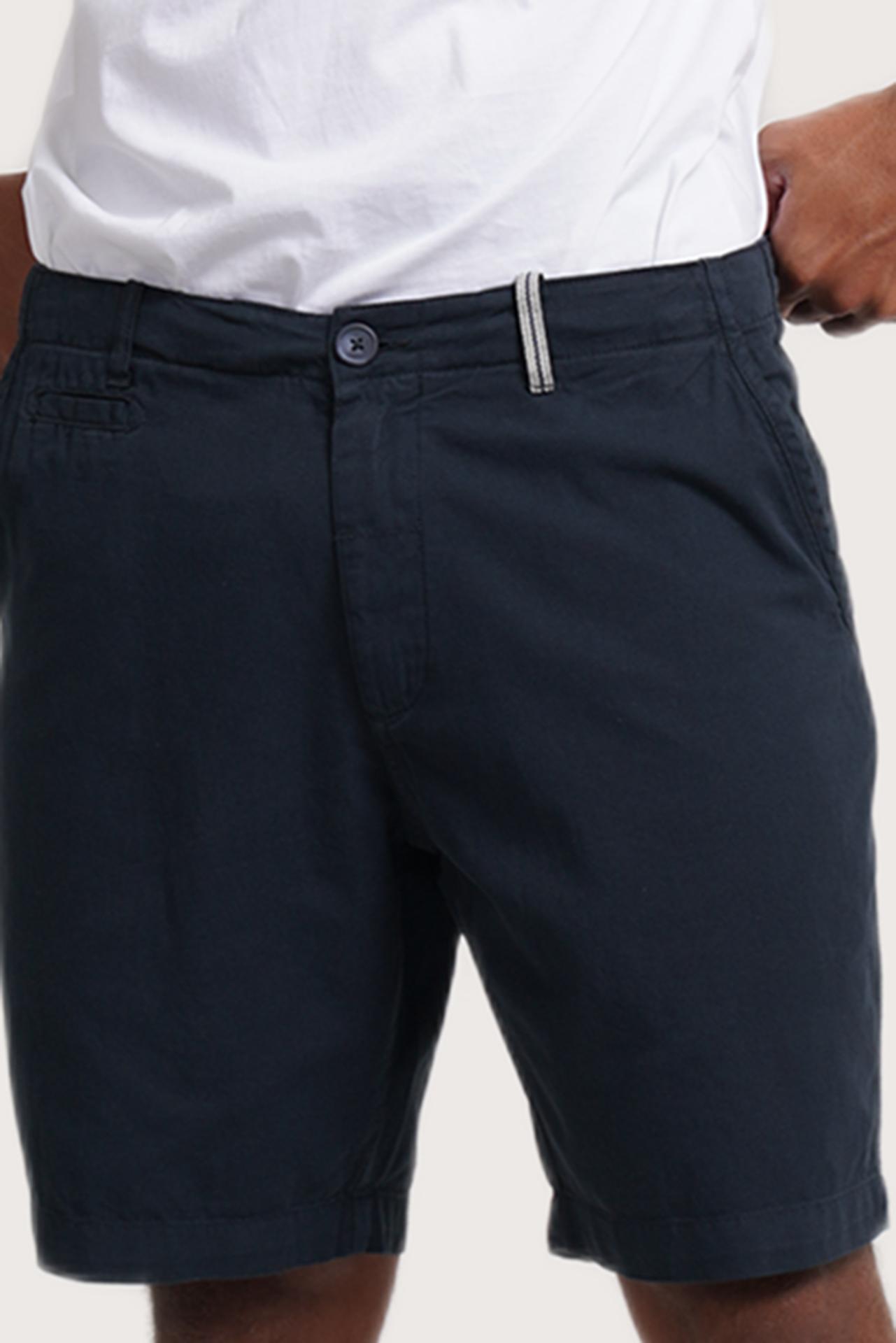 Close-up of the fabric texture and refined tailoring details on the navy bermuda shorts
