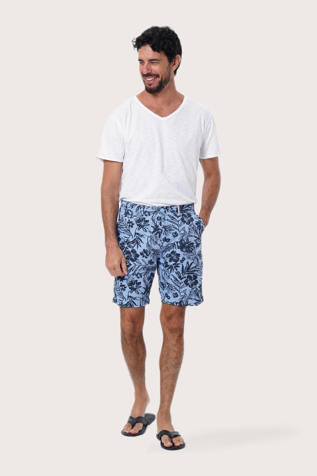 Close-up of the Little Palm Light Blue print on the Paulo Bermuda Shorts by By The Sea Bali