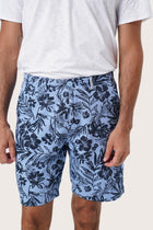 Men's resortwear styling featuring the Paulo Bermuda Shorts in Little Palm Light Blue by By The Sea Bali