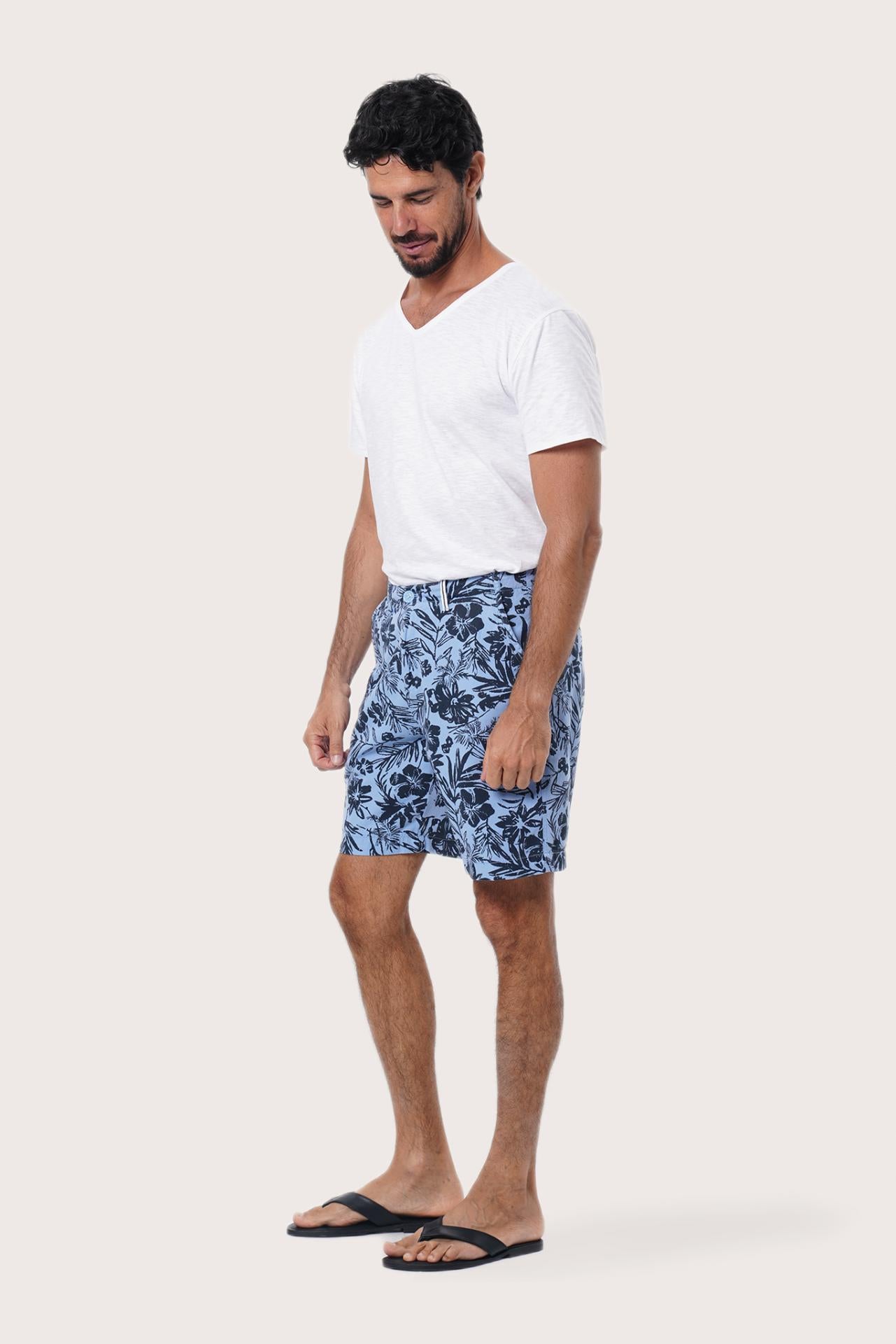 Side view of the Paulo Bermuda Shorts in Little Palm Light Blue highlighting the tailored fit by By The Sea Bali