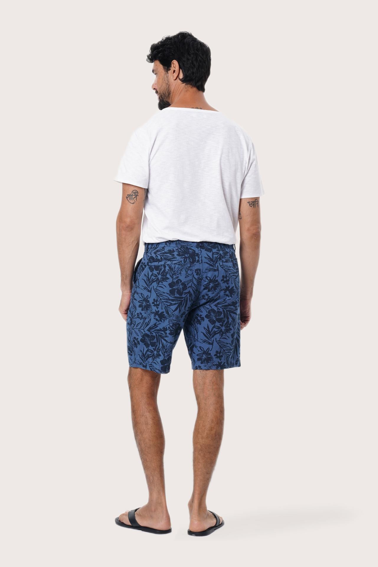 Close-up of the Little Palm Navy print on the Paulo Bermuda Shorts by By The Sea Bali