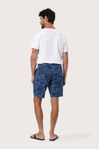 Close-up of the Little Palm Navy print on the Paulo Bermuda Shorts by By The Sea Bali