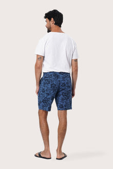 Close-up of the Little Palm Navy print on the Paulo Bermuda Shorts by By The Sea Bali