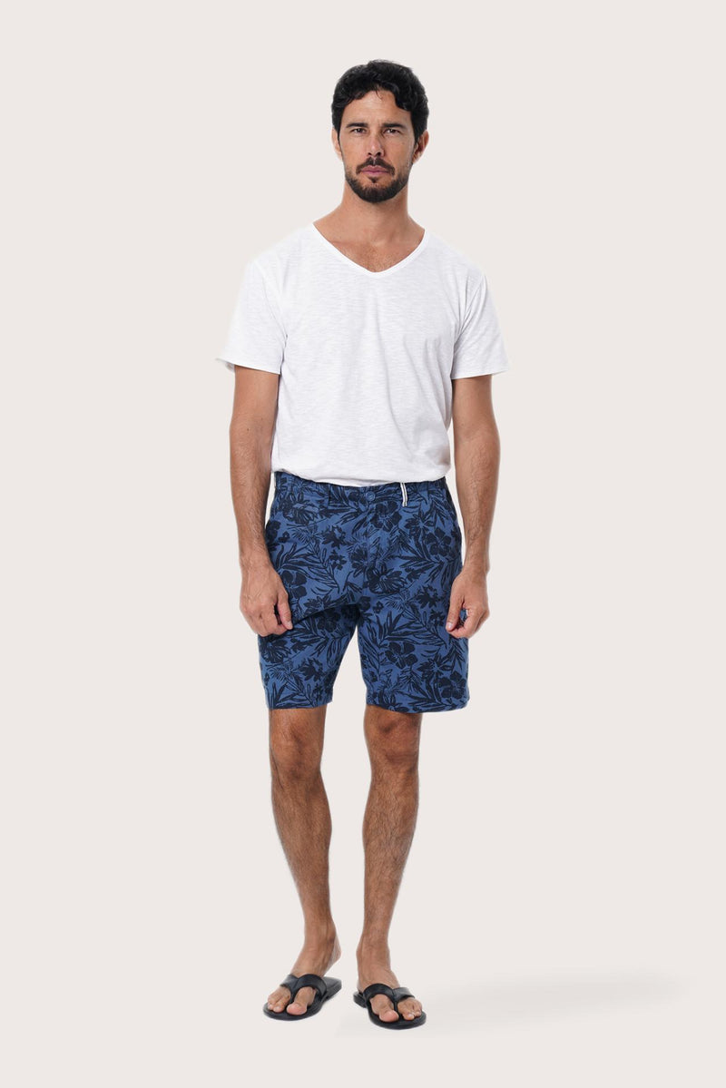 Front view of the Paulo Bermuda Shorts in Little Palm Navy print by By The Sea Bali