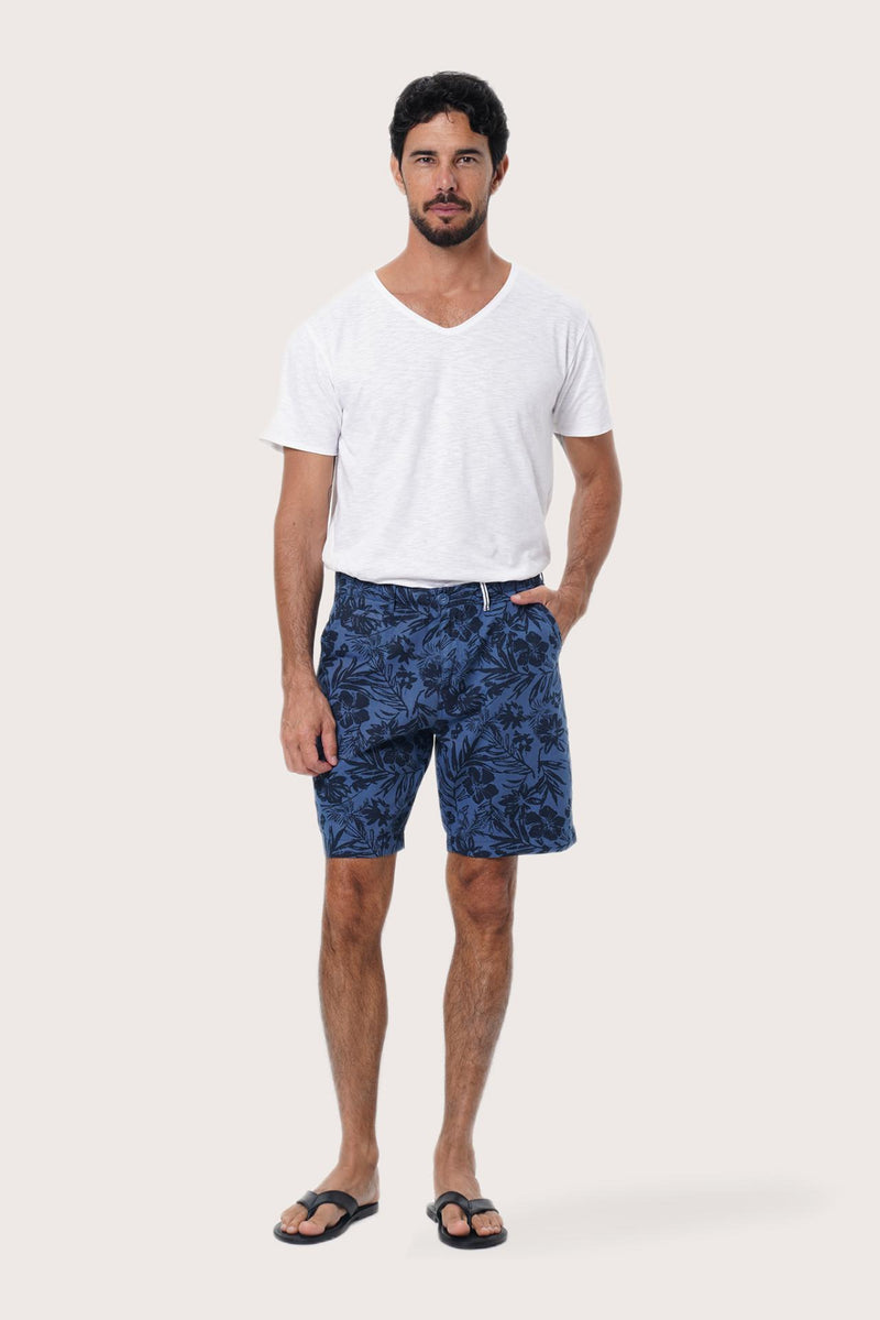 By The Sea Bali Paulo Bermuda Shorts in Little Palm Navy — tailored tropical-print shorts for easy summer days