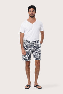 By The Sea Bali Paulo Bermuda Shorts in Little Palm White — tailored tropical-print shorts for easy summer days