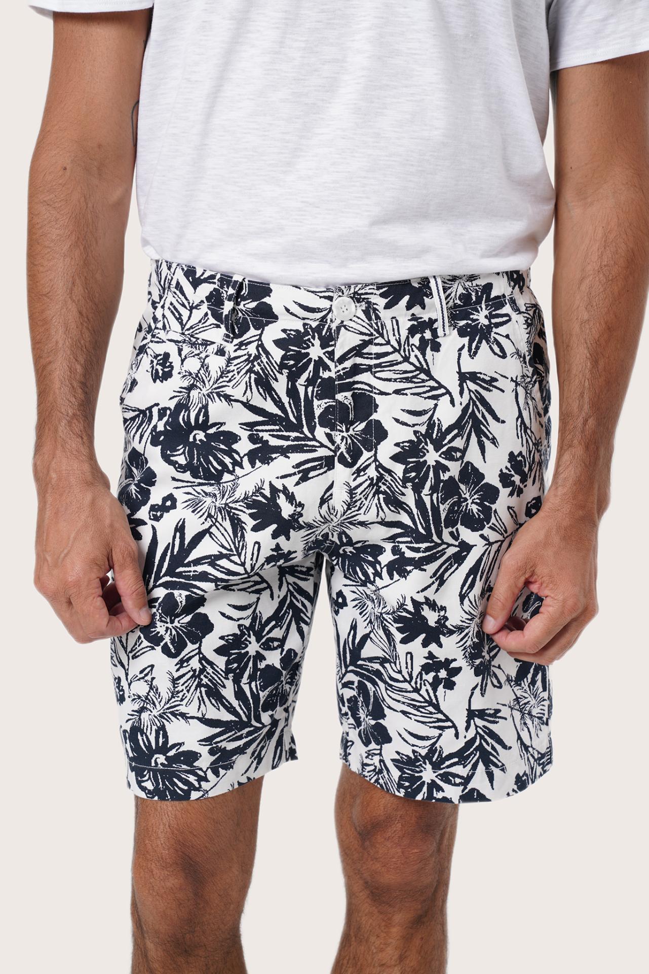 Side view of the Paulo Bermuda Shorts in Little Palm White highlighting the tailored fit by By The Sea Bali