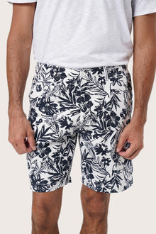Side view of the Paulo Bermuda Shorts in Little Palm White highlighting the tailored fit by By The Sea Bali