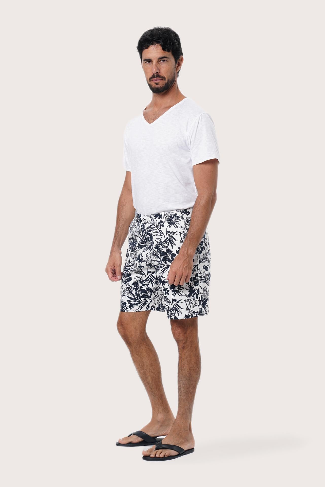 Close-up of the Little Palm White print on the Paulo Bermuda Shorts by By The Sea Bali