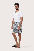 Close-up of the Little Palm White print on the Paulo Bermuda Shorts by By The Sea Bali