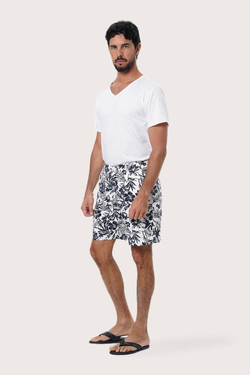 Close-up of the Little Palm White print on the Paulo Bermuda Shorts by By The Sea Bali