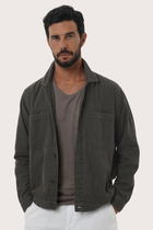Close-up of the cotton fabric texture and refined detailing on the grey brown jacket