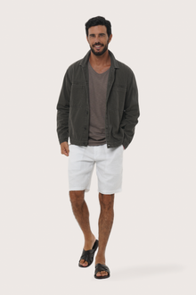 Model wearing the Deep Moss cotton Philo jacket by By The Sea Bali