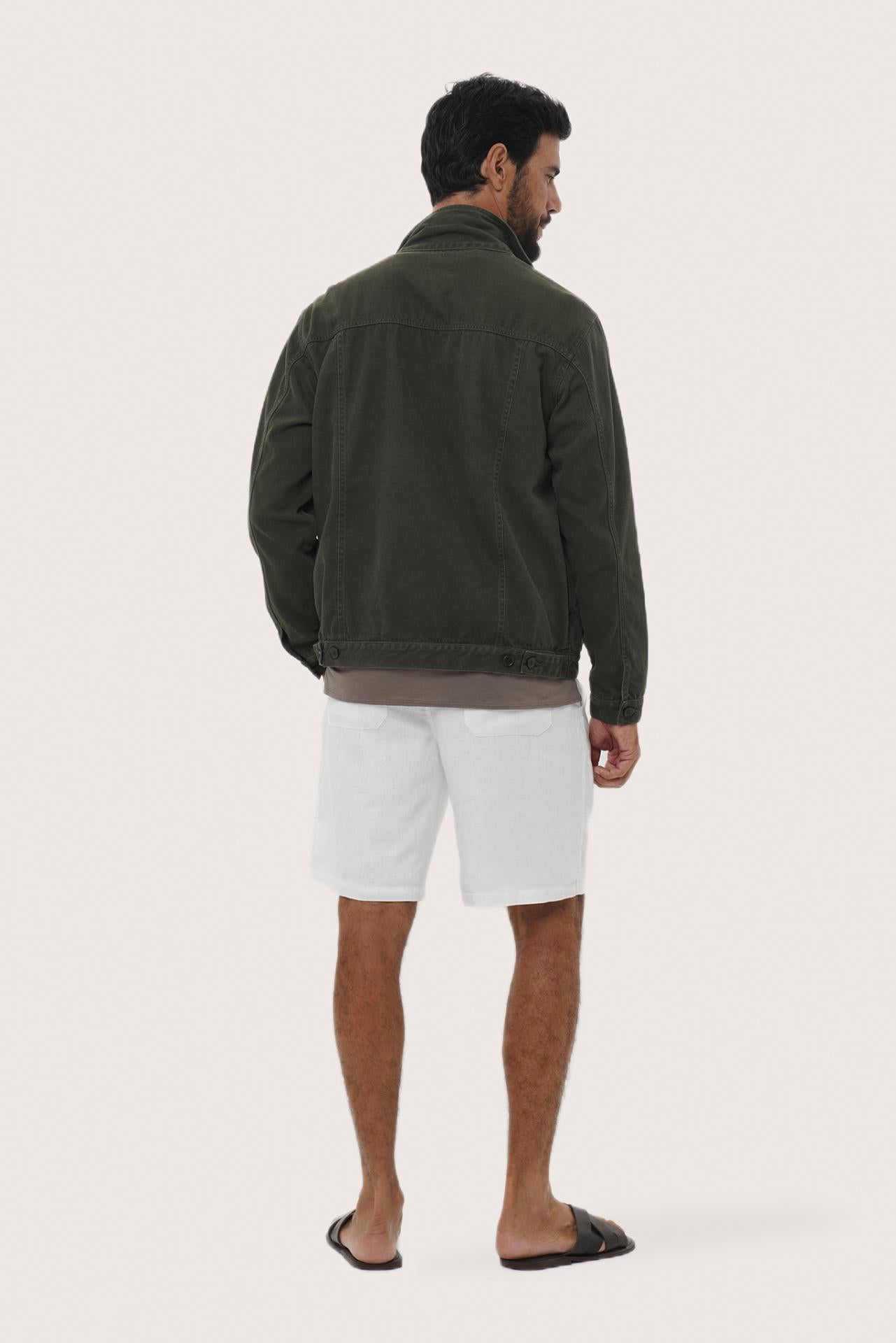 Back view of the grey brown cotton jacket with a relaxed and contemporary silhouette