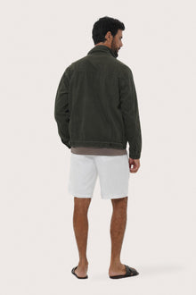 Back view of the grey brown cotton jacket with a relaxed and contemporary silhouette