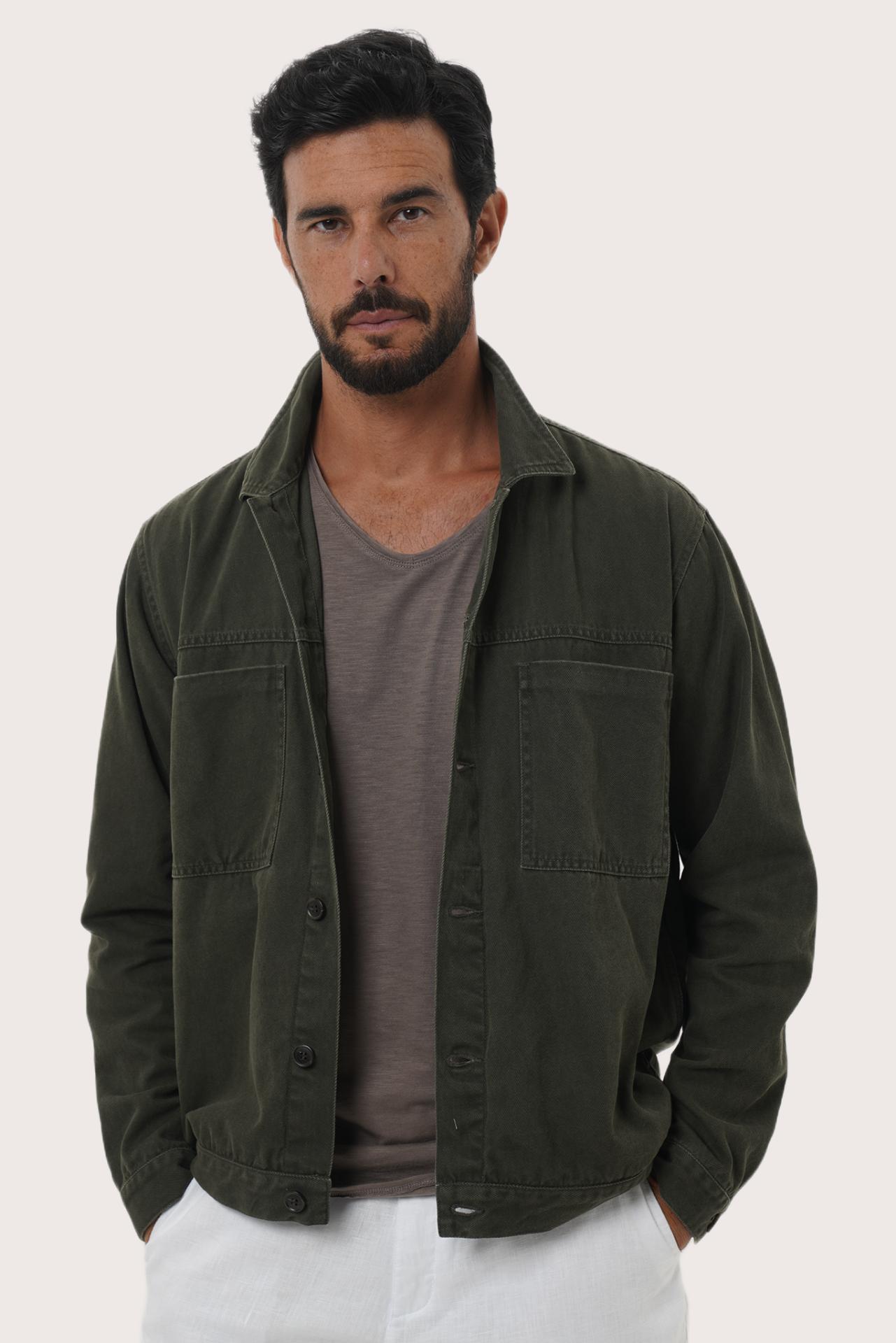 Close-up of the cotton fabric texture and refined detailing on the grey brown jacket