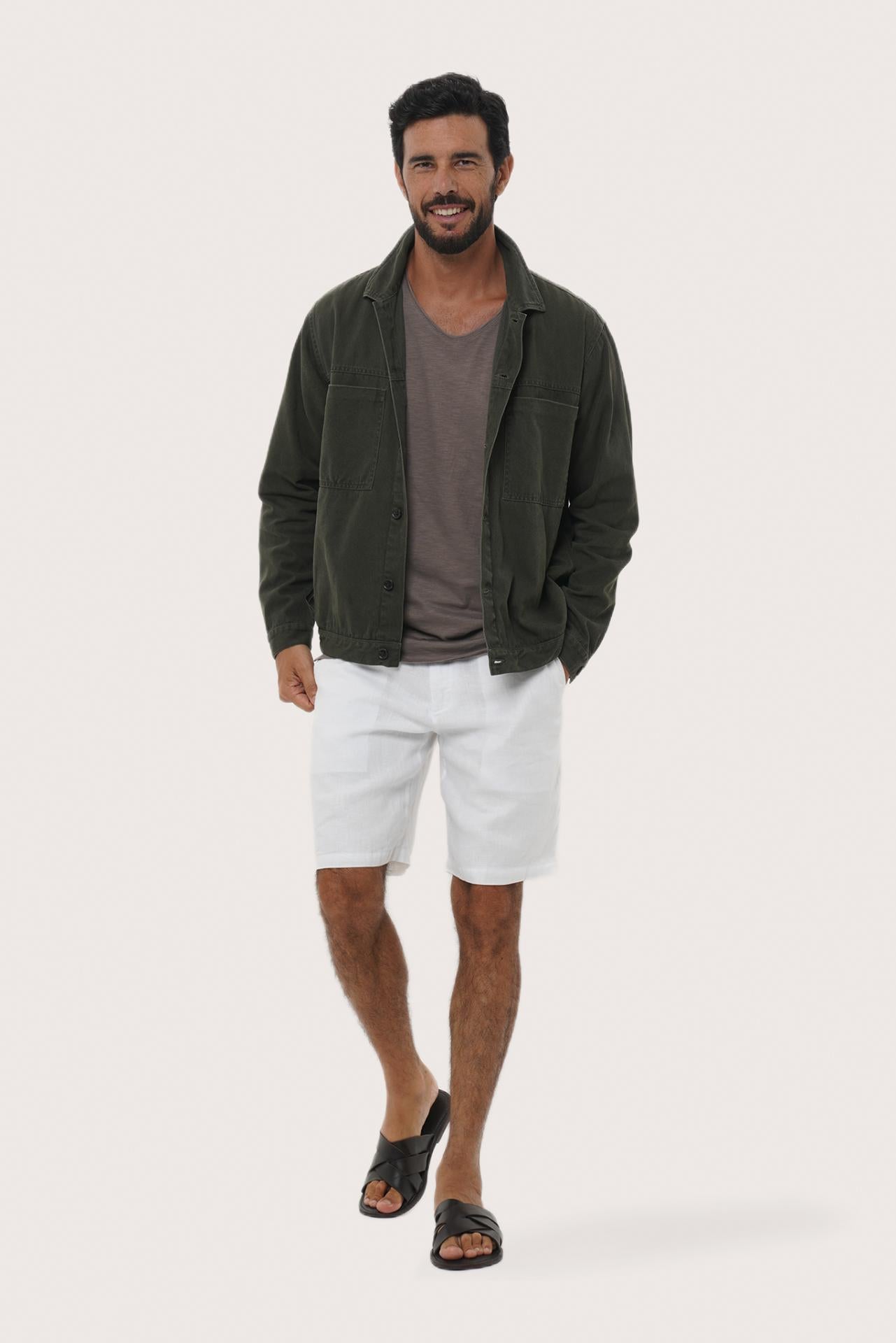 Model wearing the grey brown cotton Philo jacket by By The Sea Bali