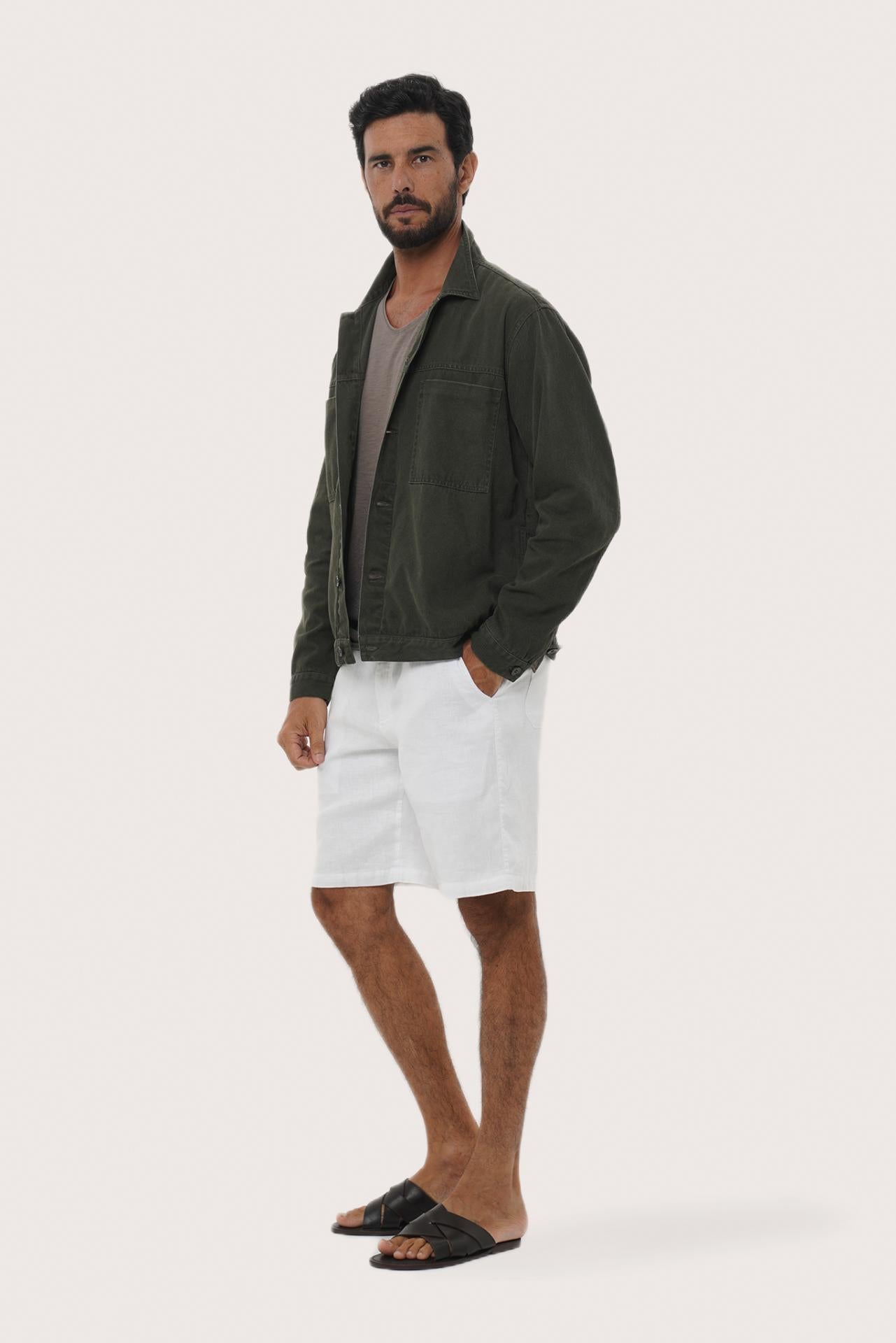 Side profile of the grey brown cotton jacket showcasing its comfortable fit and clean lines