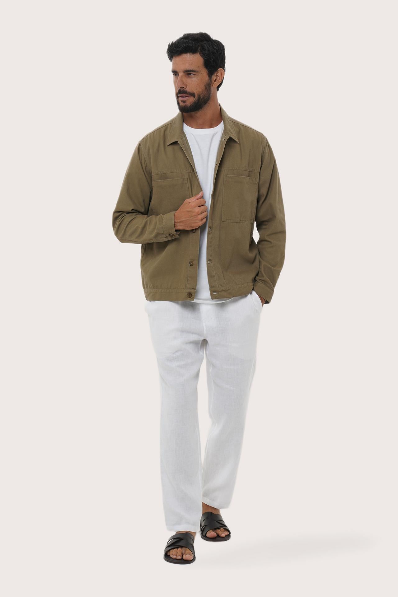 Model wearing the greyish brown cotton Philo jacket by By The Sea Bali