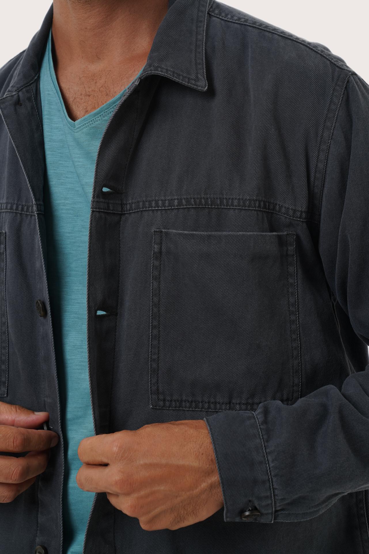 Close-up of the cotton fabric texture and refined detailing on the navy jacket