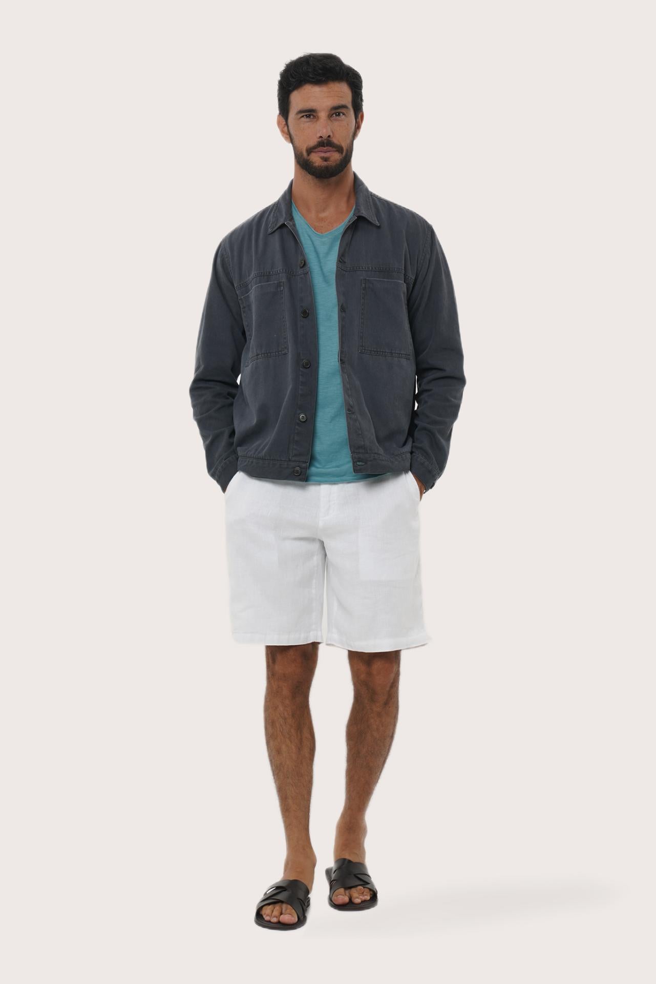 Model wearing the navy cotton Philo jacket by By The Sea Bali