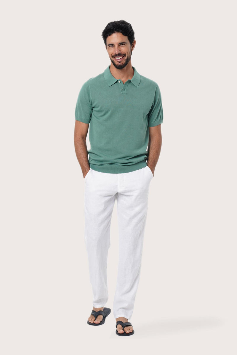 Front view of the By The Sea Bali Rado sage cotton-knit polo shirt with ribbed collar and tonal buttons