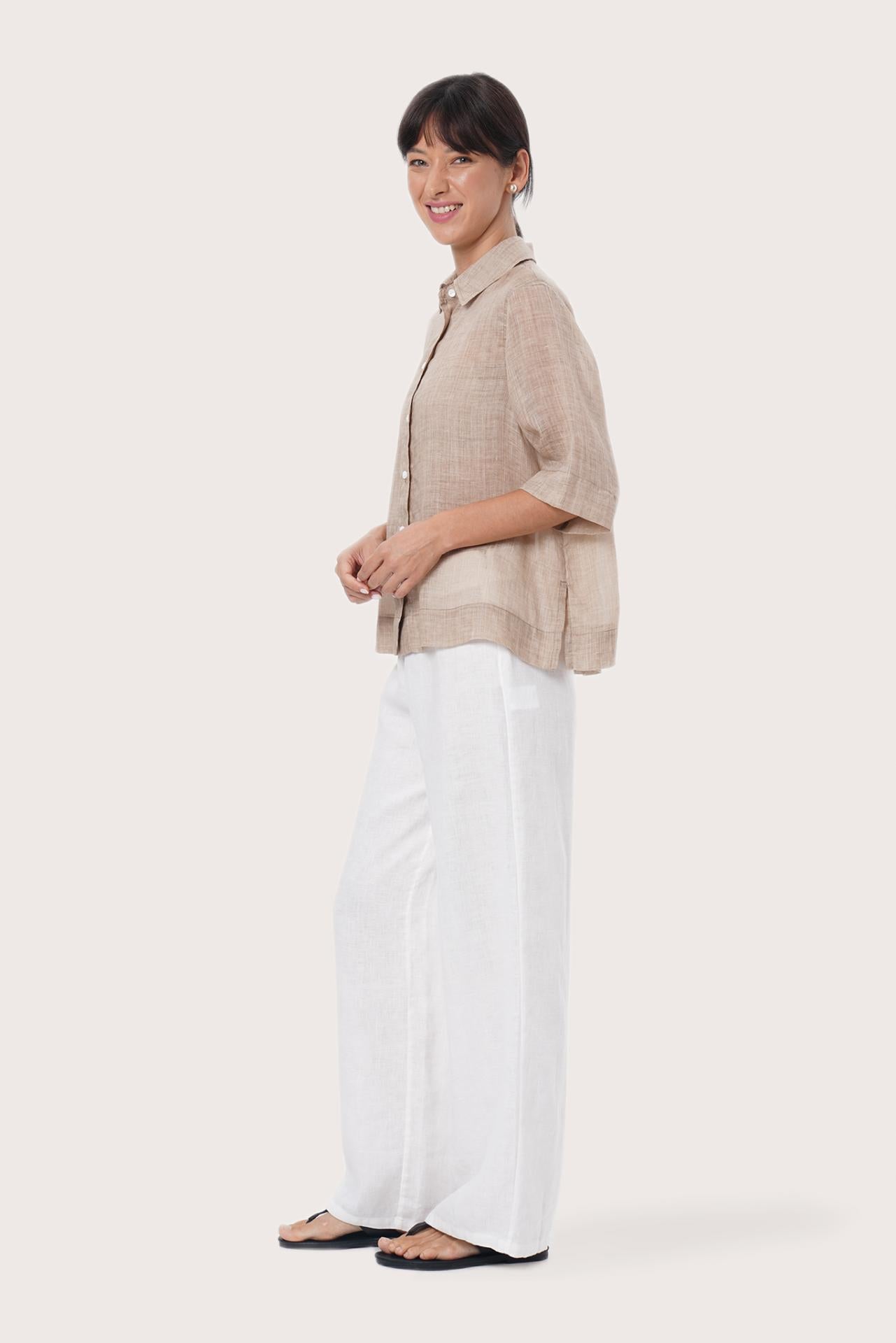 By The Sea Bali Side profile of the Rae Shirt showcasing its relaxed fit and fluid drape