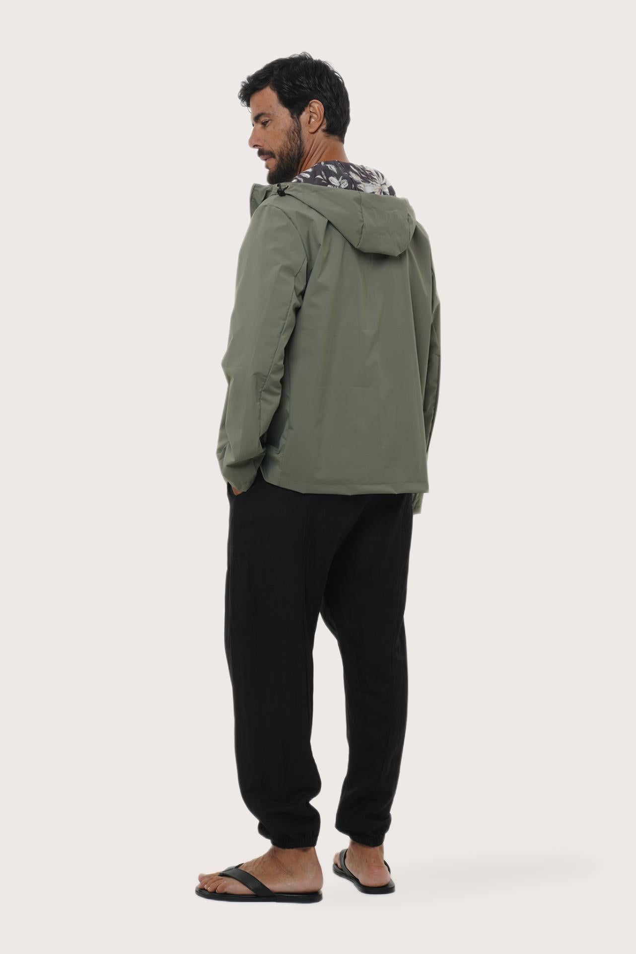 Back view of the army green hoodie jacket with a relaxed and contemporary silhouette