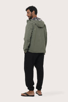 Back view of the army green hoodie jacket with a relaxed and contemporary silhouette