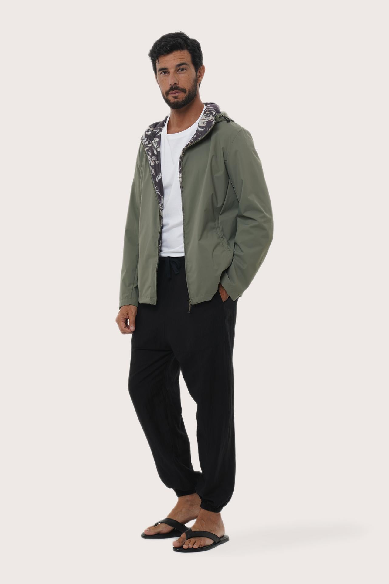 Side profile of the army green hoodie jacket showcasing its comfortable fit and clean lines