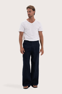 Model wearing the navy linen Rosca pants by By The Sea Bali