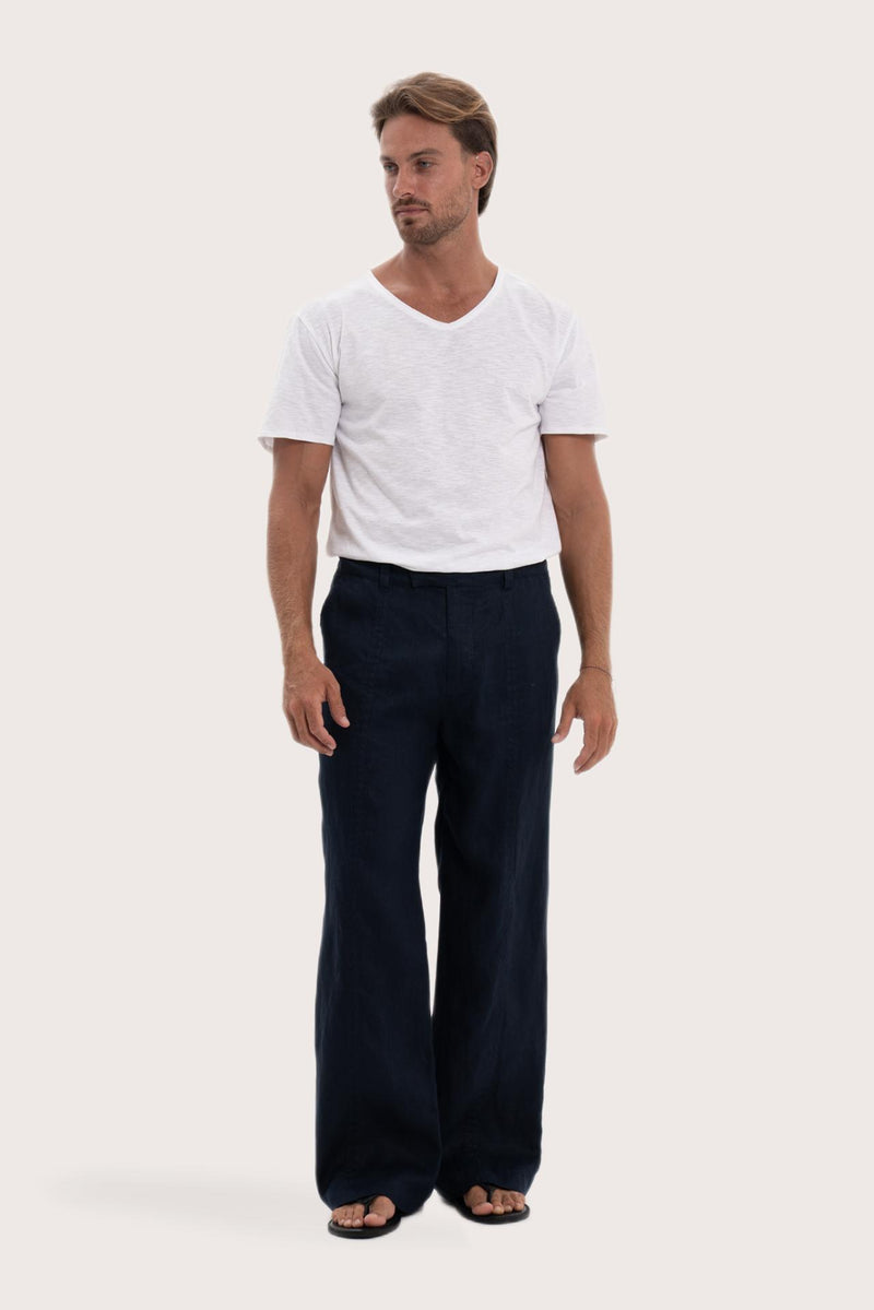 Model wearing the navy linen Rosca pants by By The Sea Bali