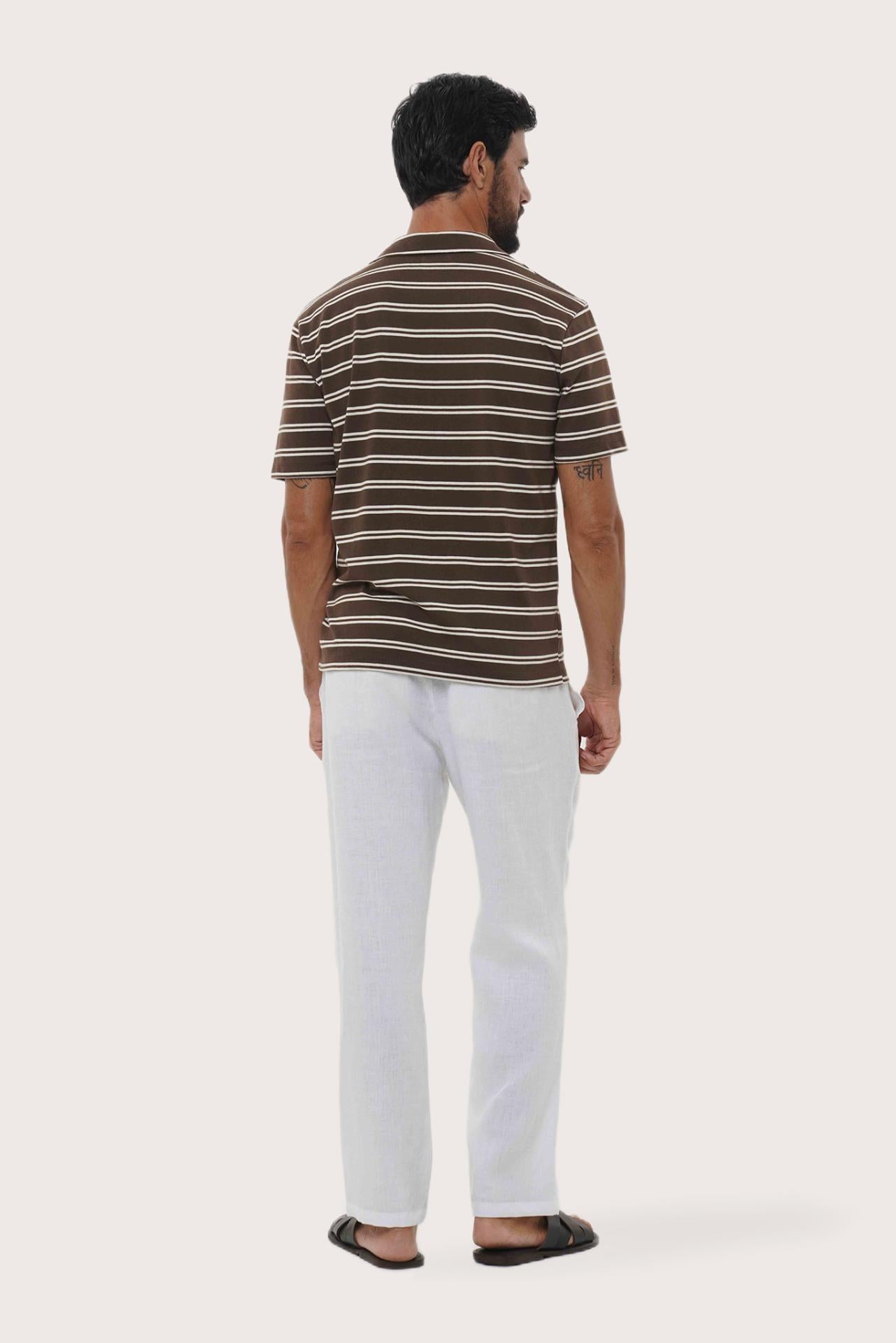 Back view of the Salur Shirt Double Stripe in Brown showcasing its tailored finish by By The Sea Bali