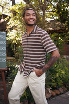 Men's resortwear styling featuring the Salur Shirt Double Stripe in Brown by By The Sea Bali