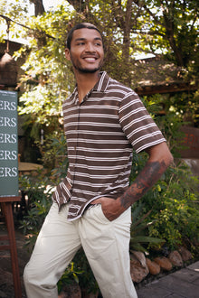 Men's resortwear styling featuring the Salur Shirt Double Stripe in Brown by By The Sea Bali