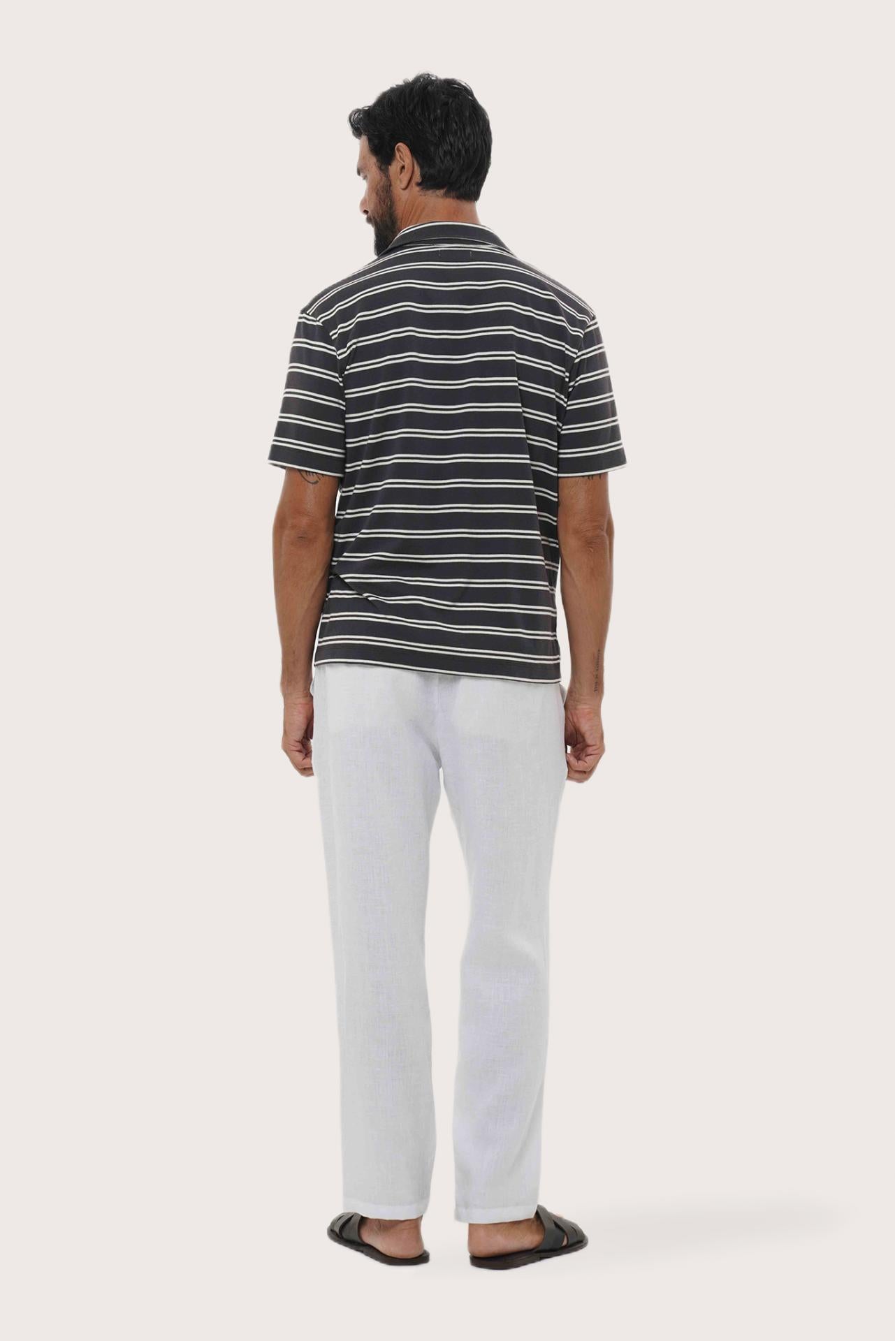 Back view of the Salur Shirt Double Stripe in Grey Brown showcasing its tailored finish by By The Sea Bali