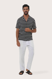 Front view of the Salur Shirt Double Stripe in Grey Brown by By The Sea Bali, styled for effortless summer dressing