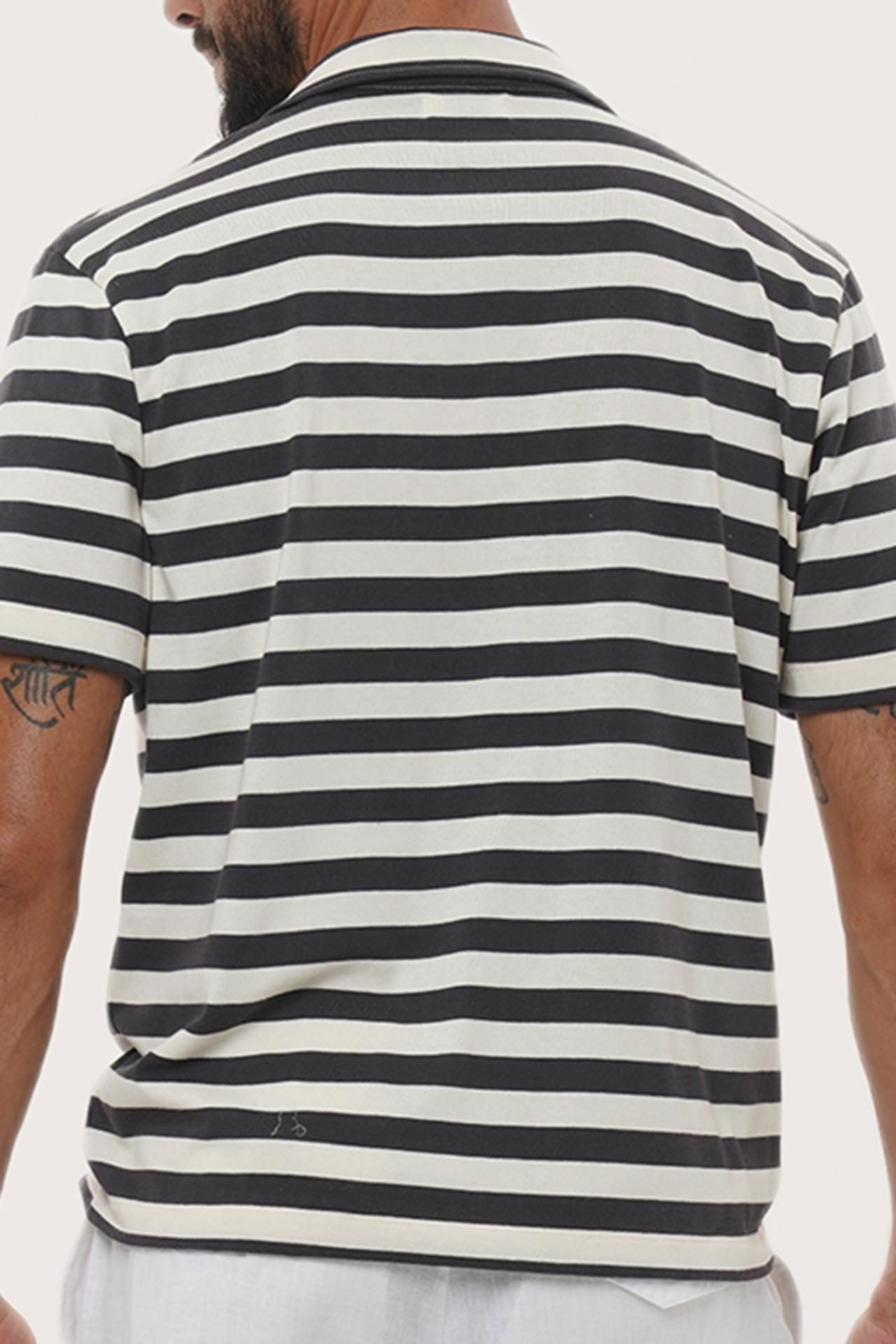 Open collar and button-front detail of the Salur Shirt Stripe in Grey Brown by By The Sea Bali