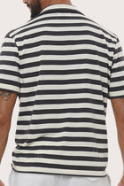 Open collar and button-front detail of the Salur Shirt Stripe in Grey Brown by By The Sea Bali