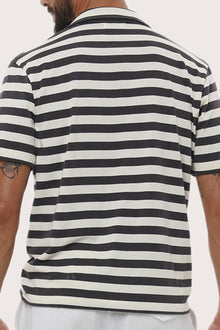 Open collar and button-front detail of the Salur Shirt Stripe in Grey Brown by By The Sea Bali
