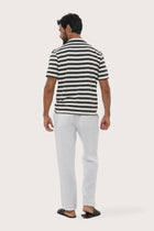 Back view of the Salur Shirt Stripe in Grey Brown showcasing its tailored finish by By The Sea Bali
