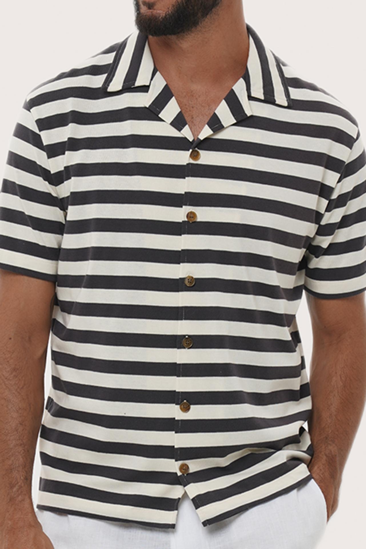 Close-up fabric and collar detail of the Salur Shirt Stripe in Grey Brown by By The Sea Bali