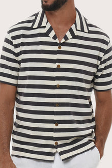 Close-up fabric and collar detail of the Salur Shirt Stripe in Grey Brown by By The Sea Bali