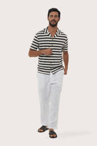 By The Sea Bali Salur Shirt Stripe in Grey Brown — soft cotton shirt with a relaxed camp-collar silhouette