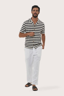 By The Sea Bali Salur Shirt Stripe in Grey Brown — soft cotton shirt with a relaxed camp-collar silhouette