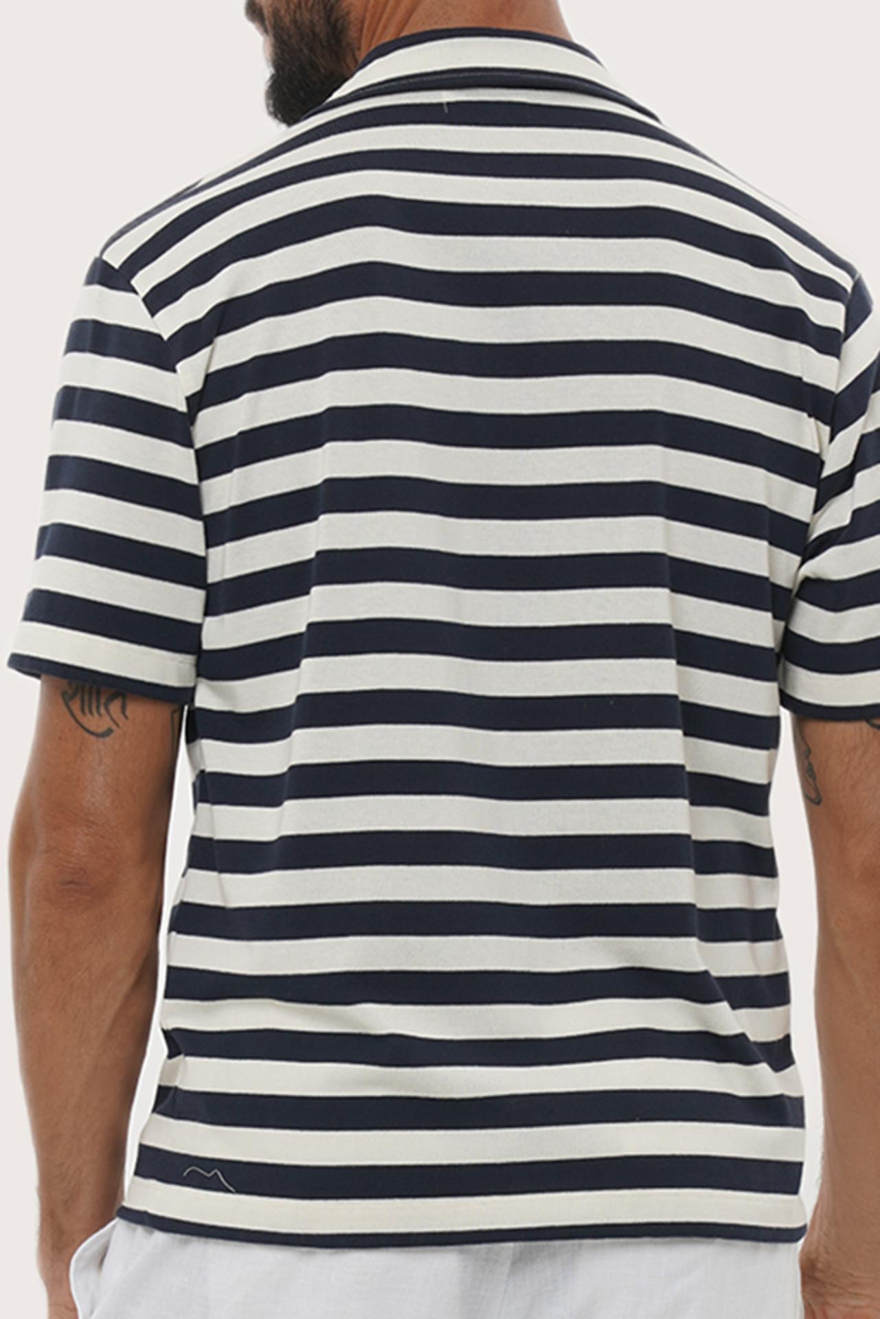 Open collar and button-front detail of the Salur Shirt Stripe in Navy by By The Sea Bali