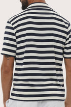 Open collar and button-front detail of the Salur Shirt Stripe in Navy by By The Sea Bali